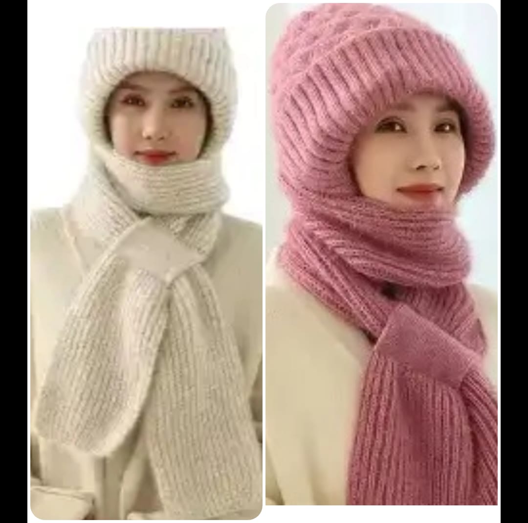 Winter Protection Windproof Cap with Scarf (off white gold colour and pink )  2pc  combo